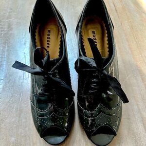 Madden Girl Rileigh, black patten oxford style  heels.